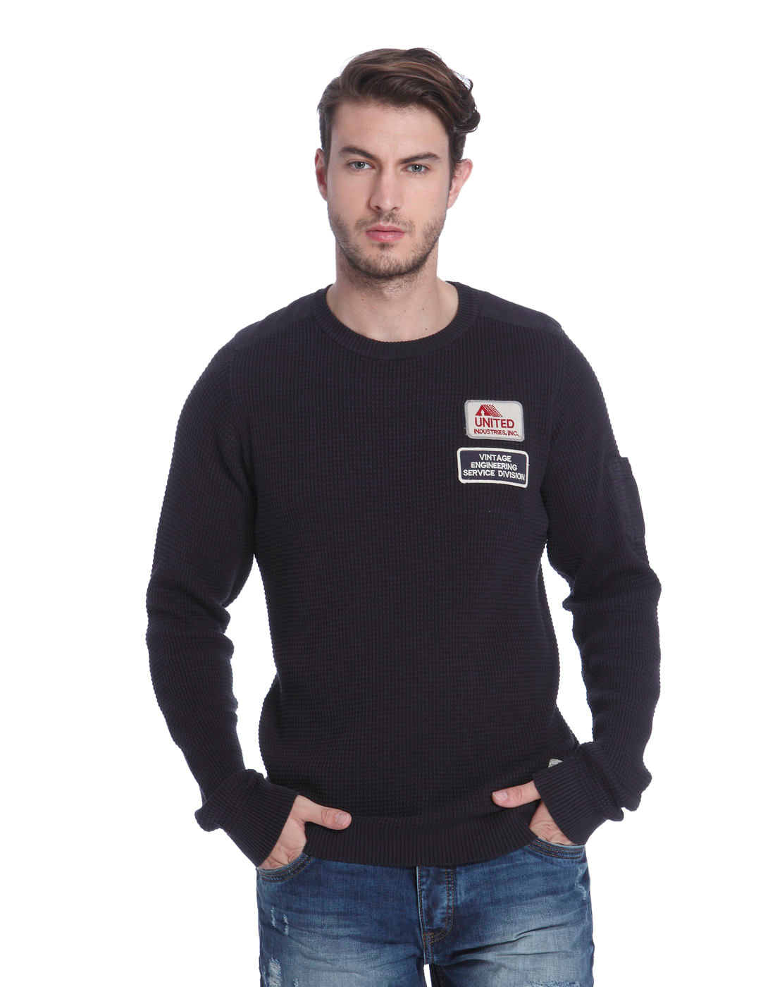 Black Badge Detail Crew Neck Cardigan - S