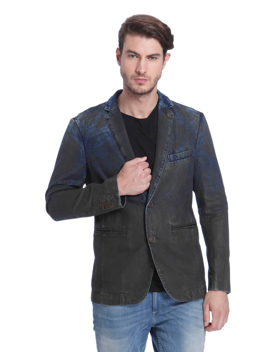 Dark Blue Denim Textured Blazer - 46