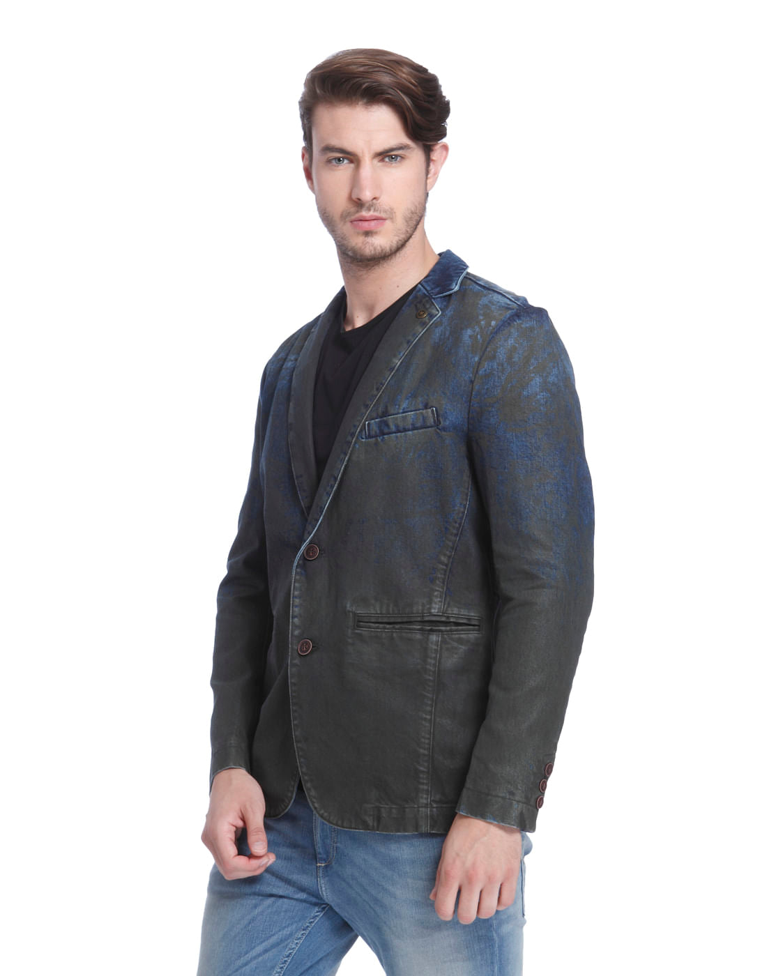 Dark Blue Denim Textured Blazer