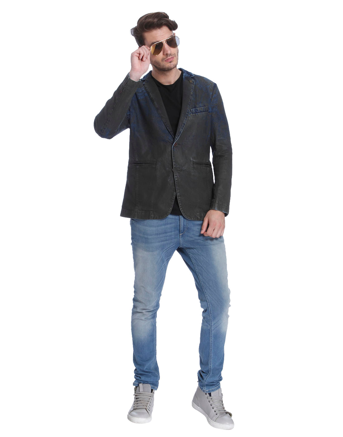 Dark Blue Denim Textured Blazer