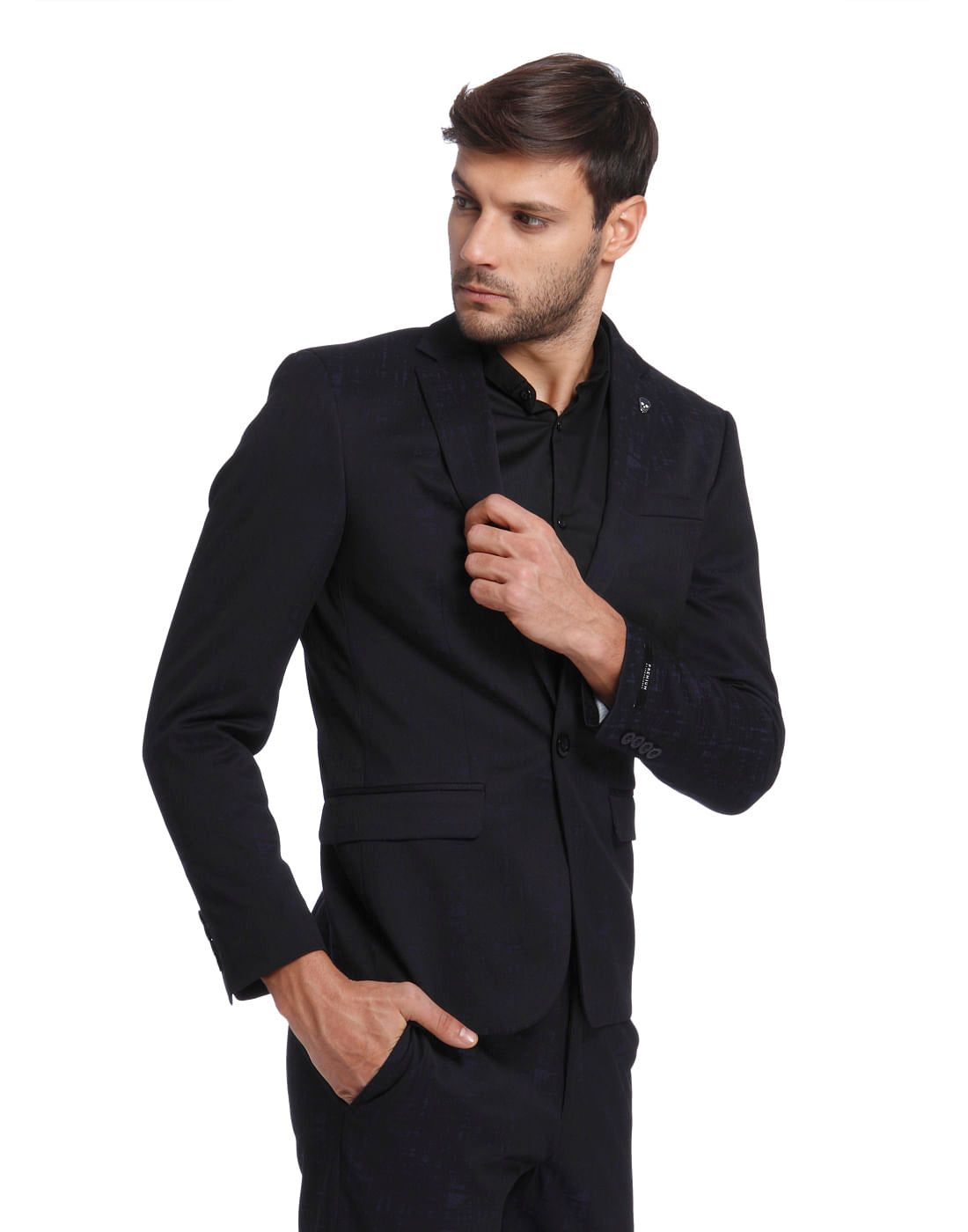 Dark Blue Textured Slim Fit Blazer