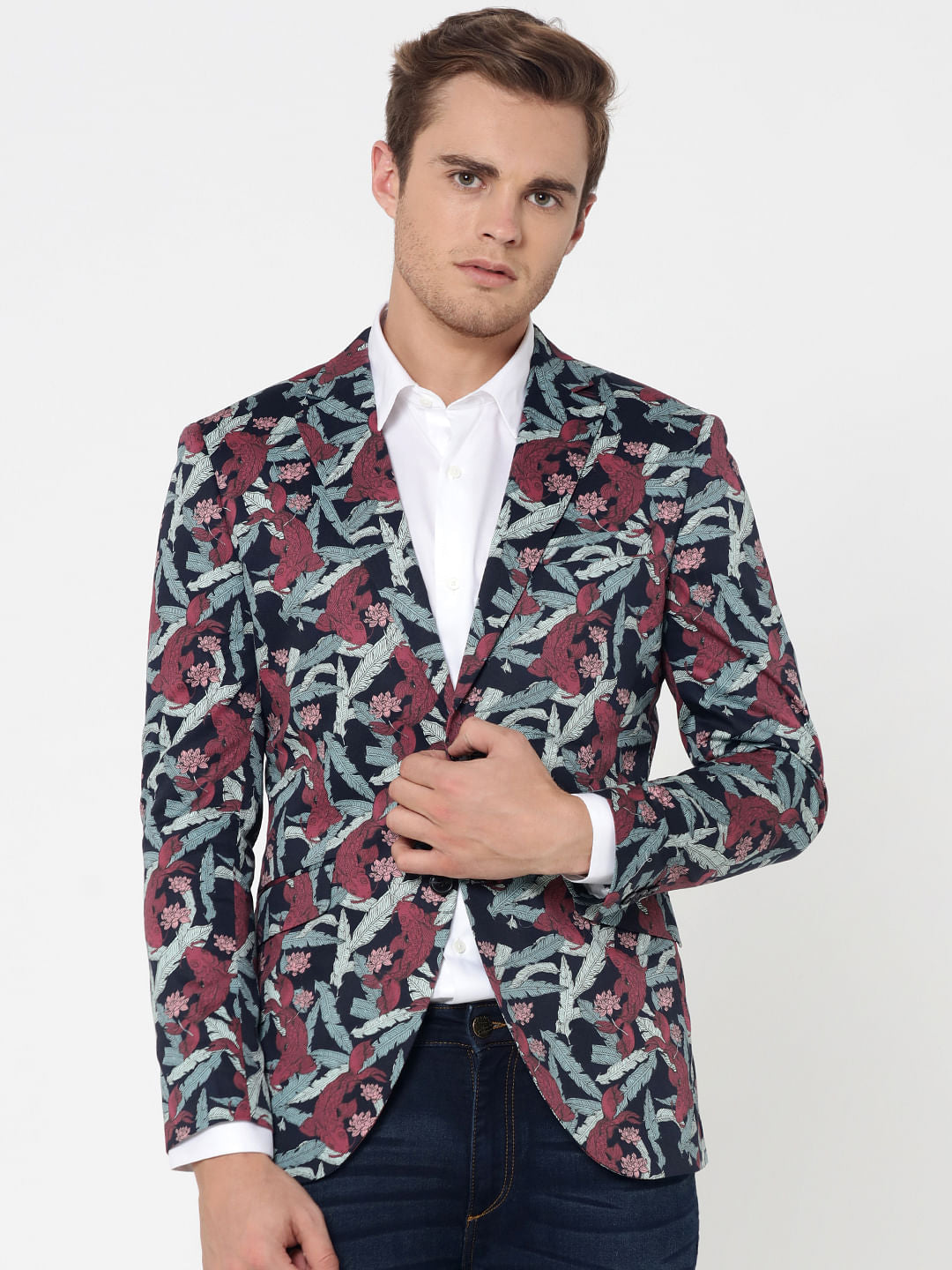Dark Blue Floral Print Blazer - 44