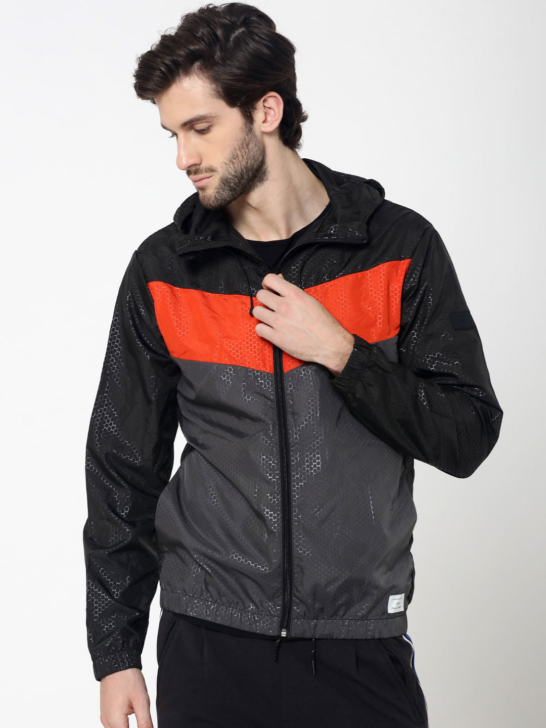 Black Colourblocked Textured Jacket - S