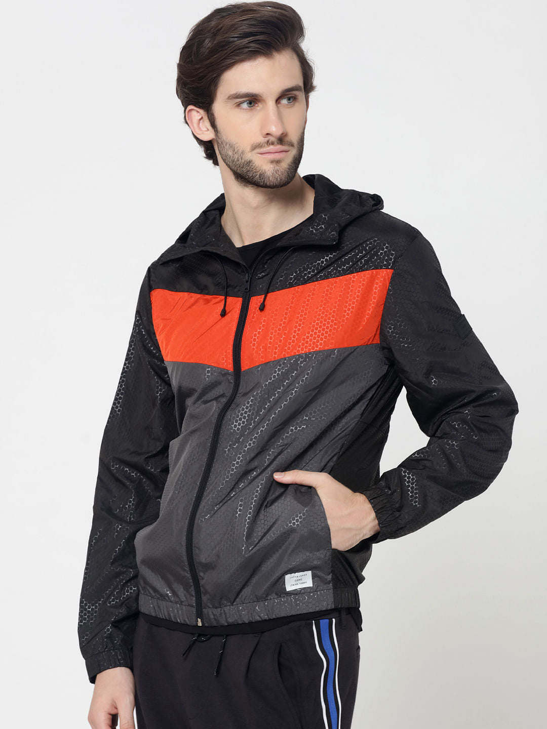 Black Colourblocked Textured Jacket