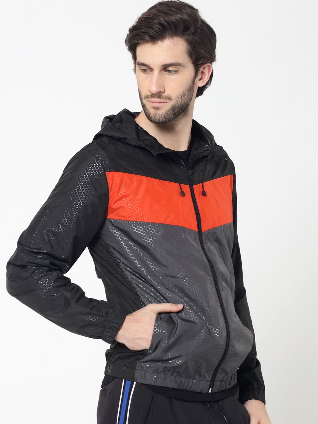 Black Colourblocked Textured Jacket