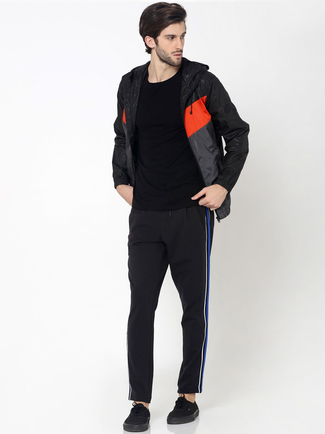 Black Colourblocked Textured Jacket
