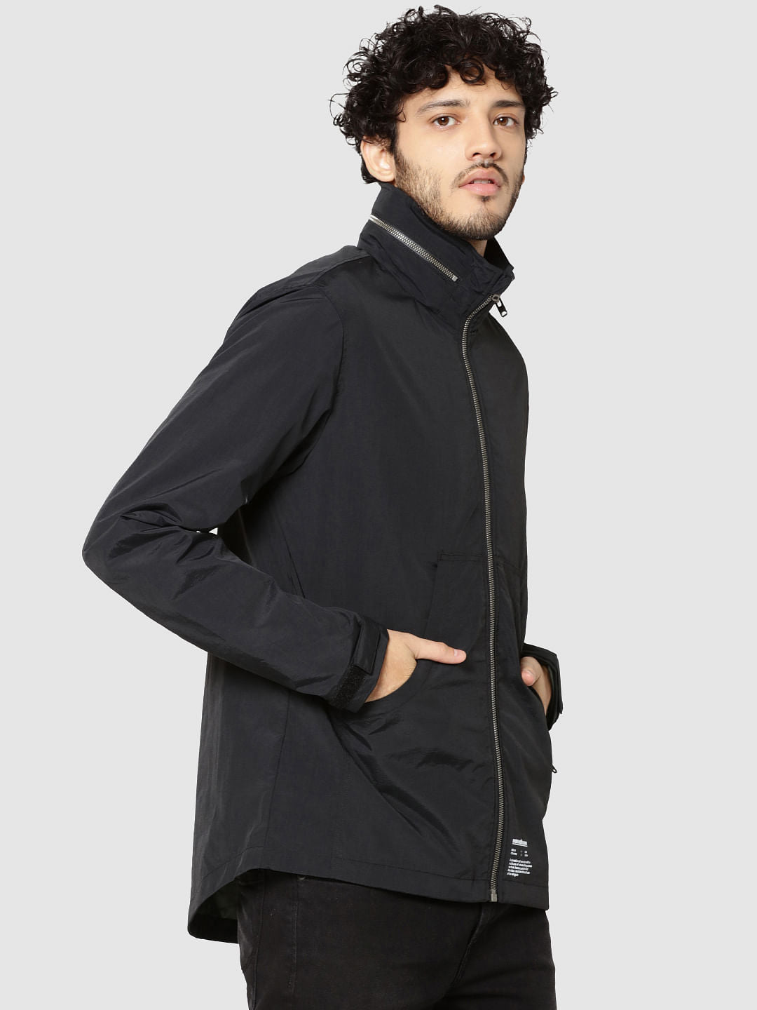 Black Graphic Print Hooded Casual Jacket
