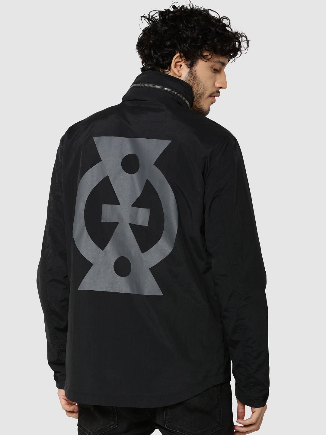 Black Graphic Print Hooded Casual Jacket