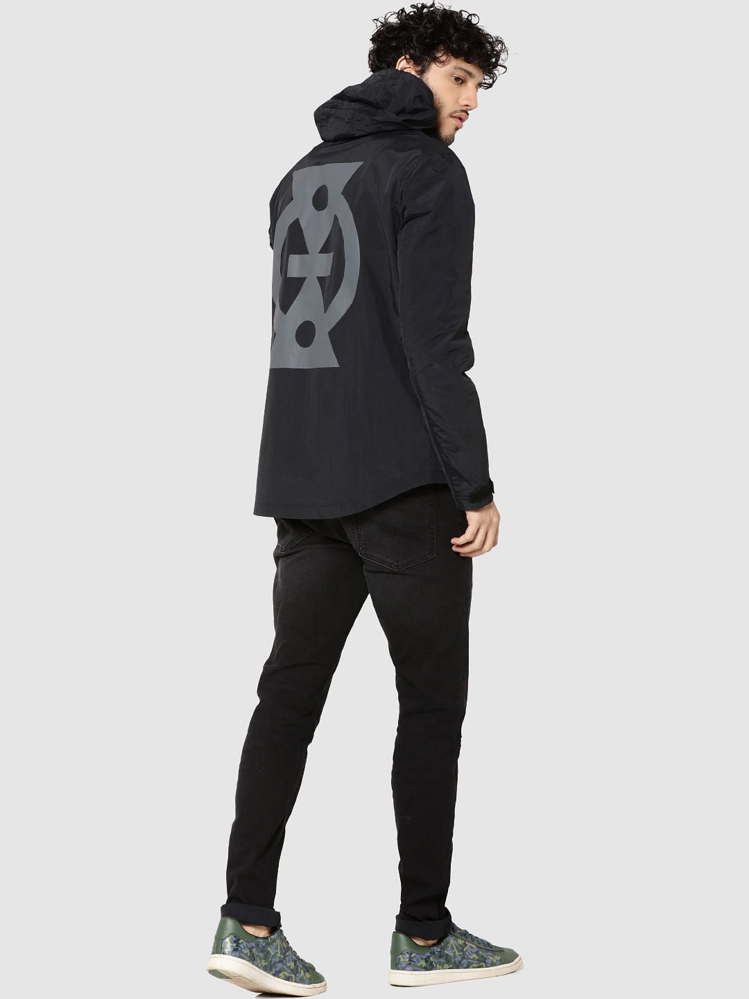 Black Graphic Print Hooded Casual Jacket