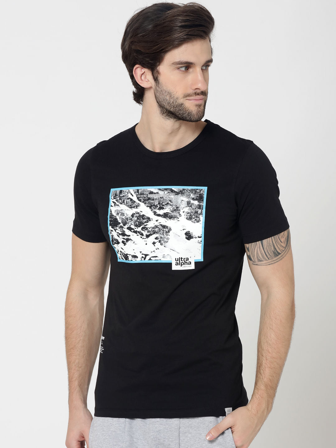 Black Photo Print Crew Neck T-Shirt - S