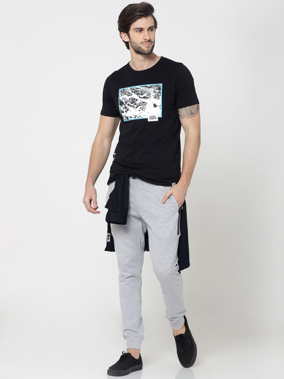 Black Photo Print Crew Neck T-Shirt