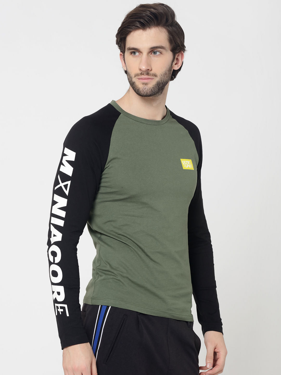 Green & Black Logo Print Full Sleeves Crew Neck T-Shirt