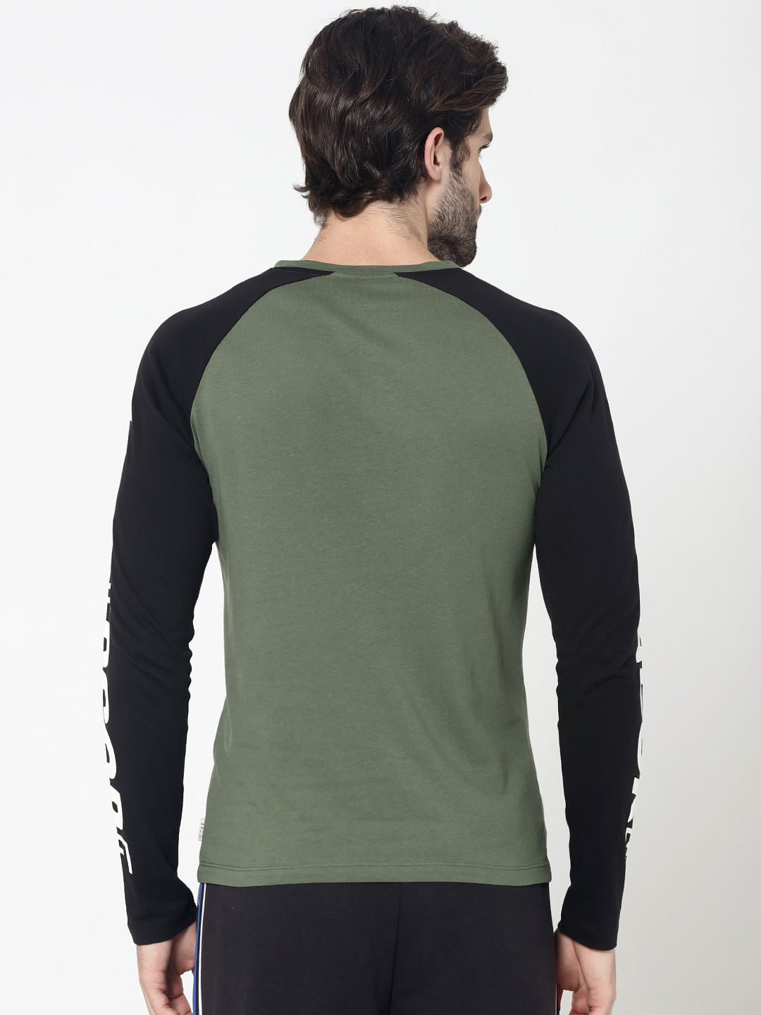 Green & Black Logo Print Full Sleeves Crew Neck T-Shirt
