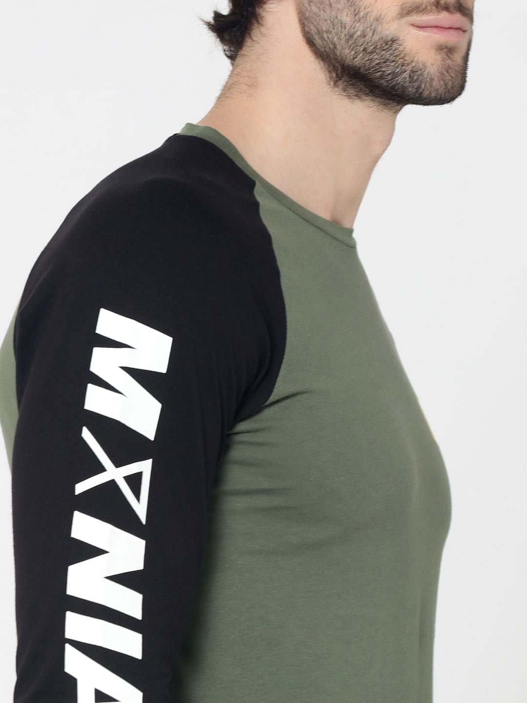 Green & Black Logo Print Full Sleeves Crew Neck T-Shirt