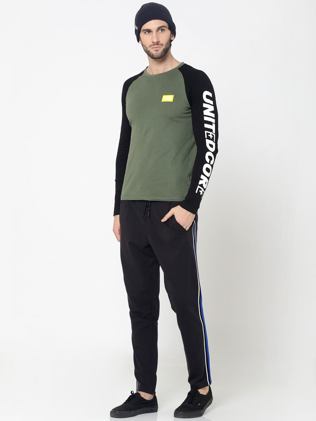 Green & Black Logo Print Full Sleeves Crew Neck T-Shirt