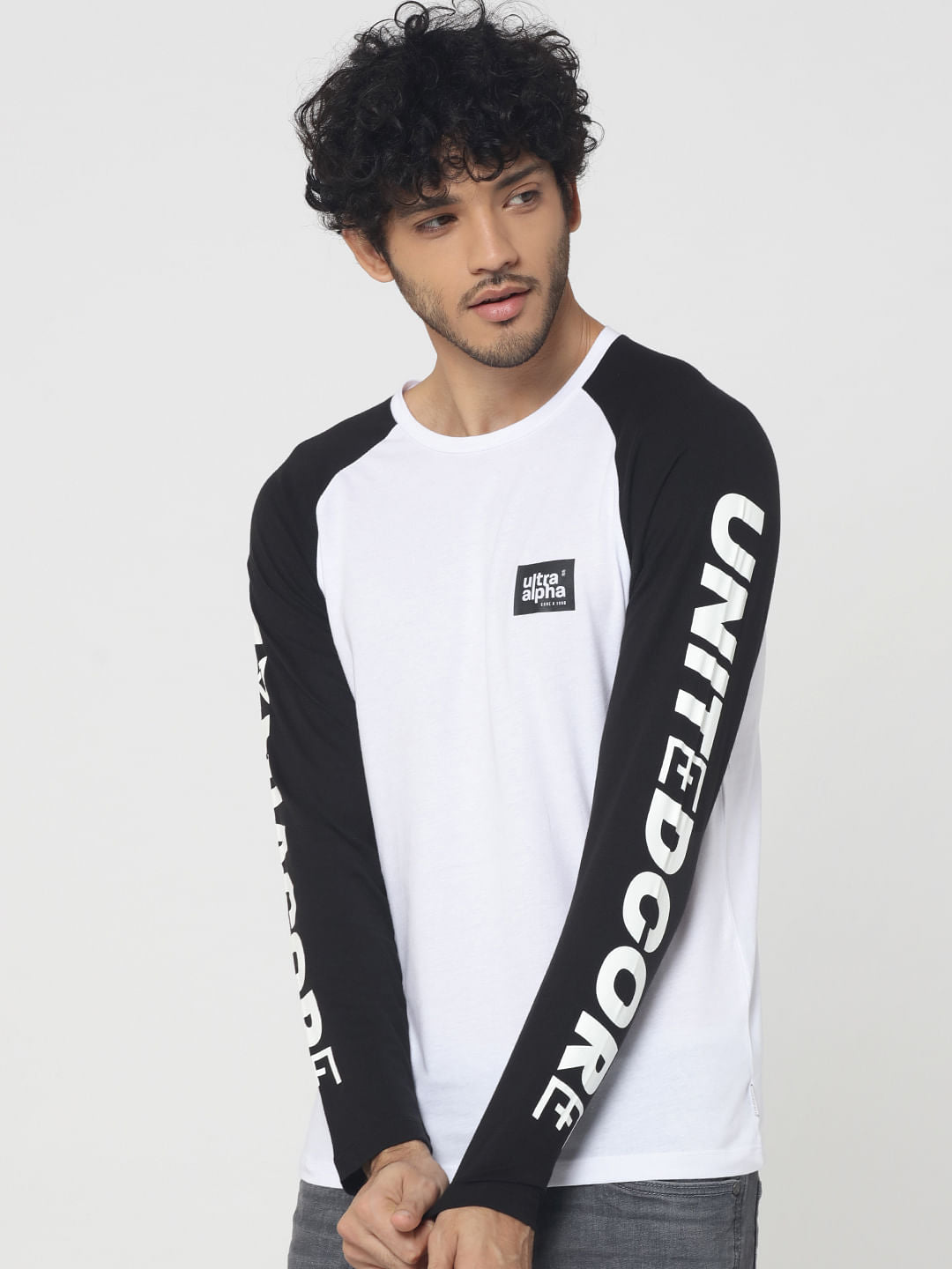Black & White Logo Print Full Sleeves Crew Neck T-Shirt