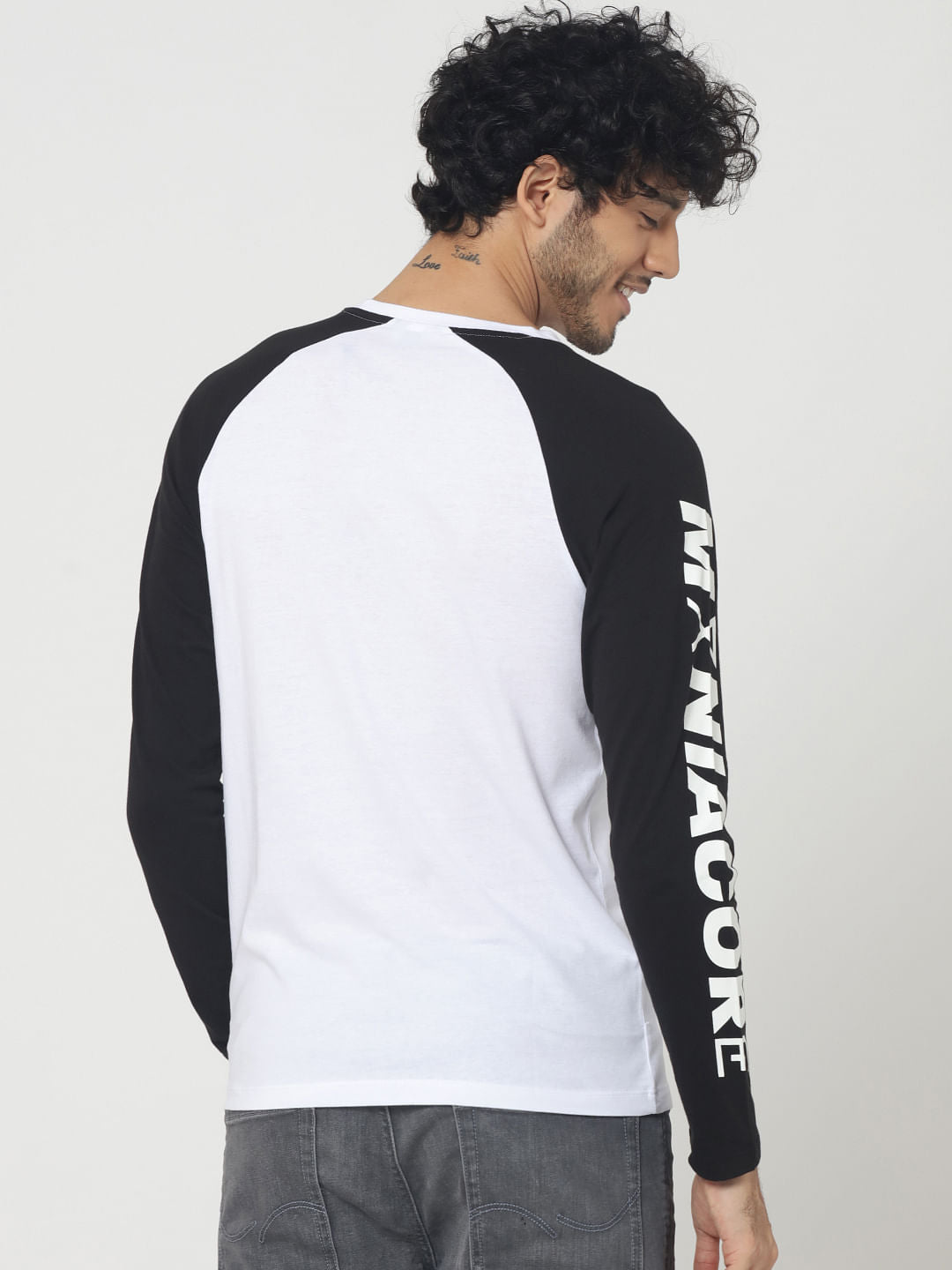 Black & White Logo Print Full Sleeves Crew Neck T-Shirt