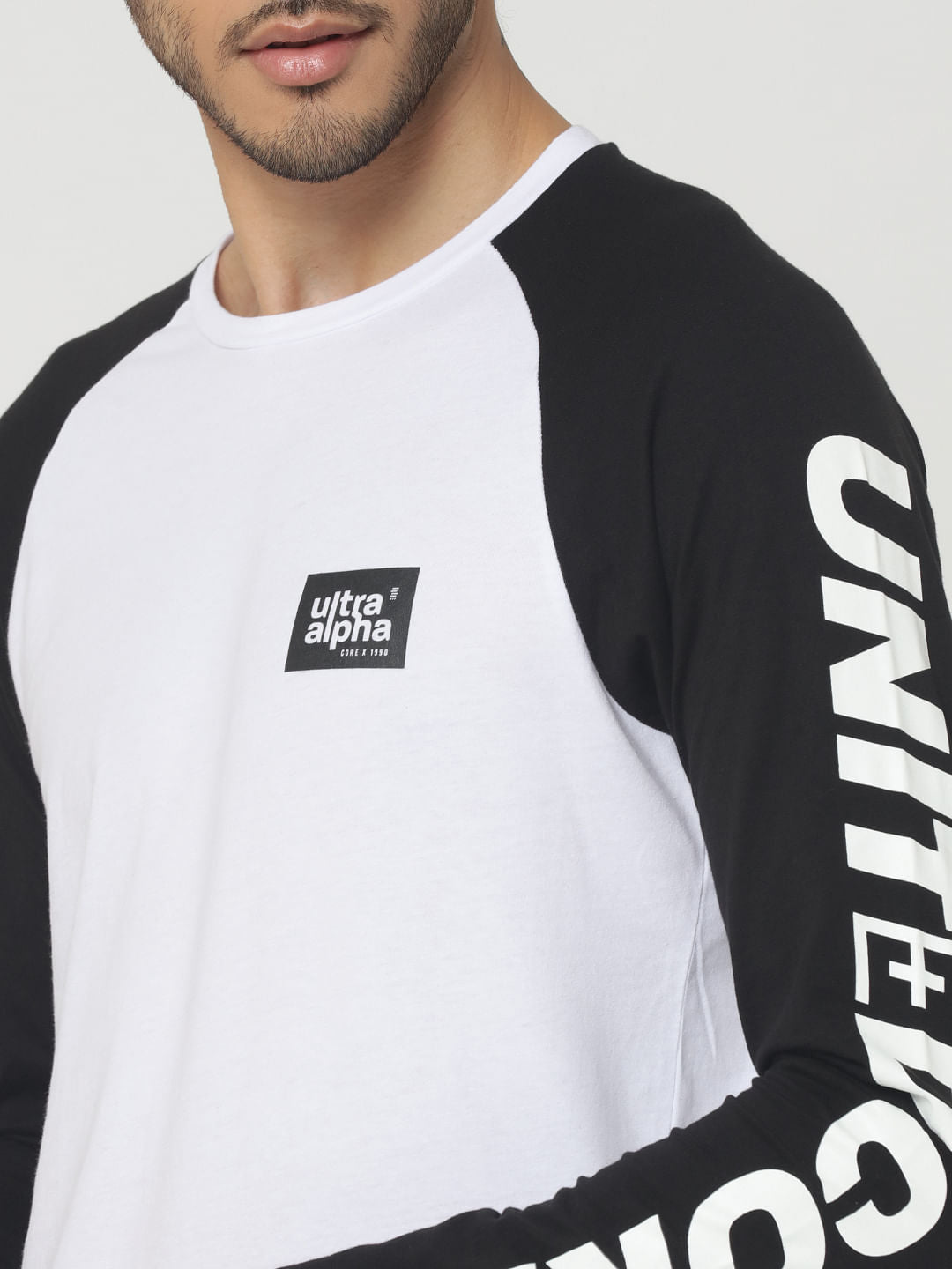 Black & White Logo Print Full Sleeves Crew Neck T-Shirt