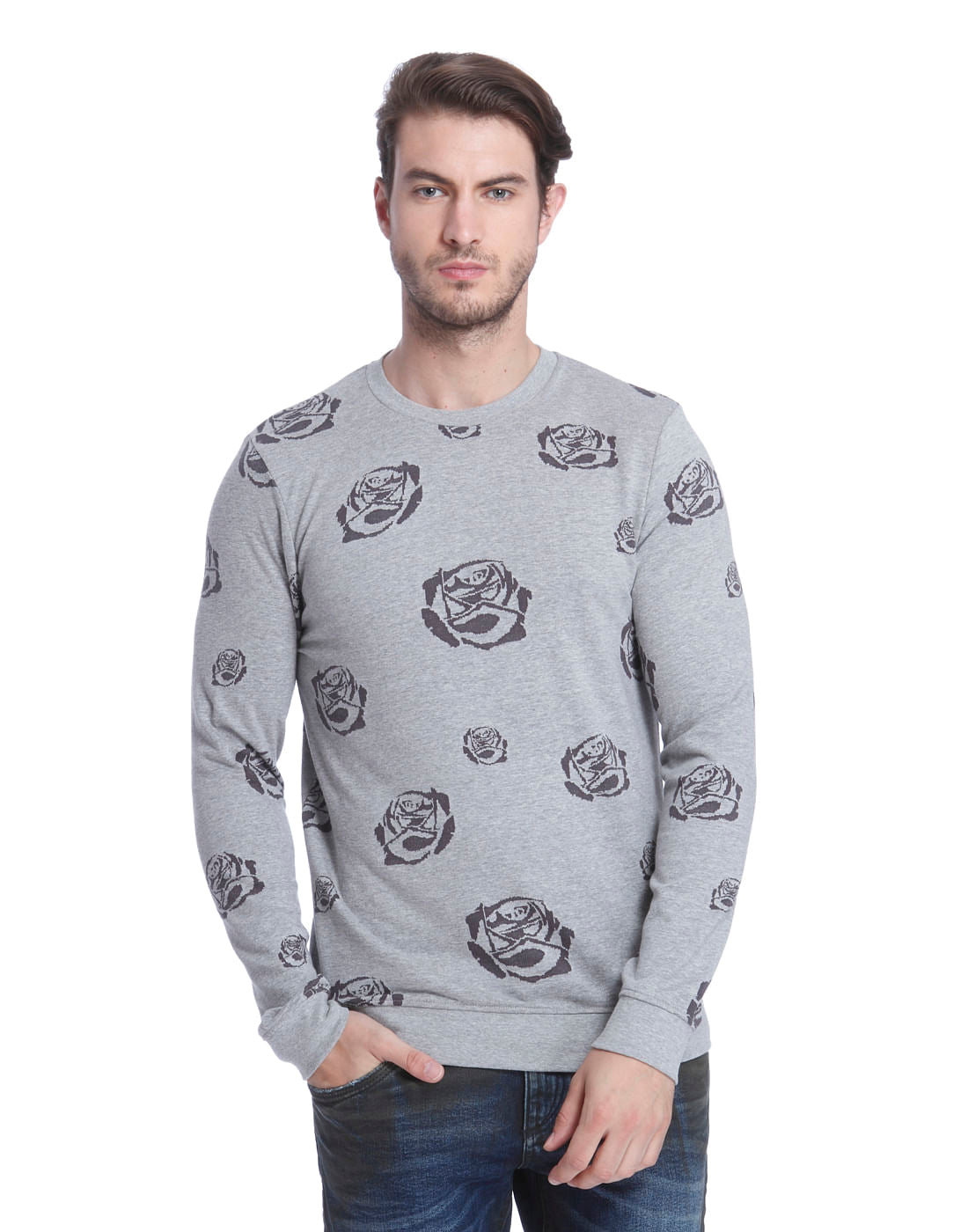Light Grey Rose Print Sweatshirt - S