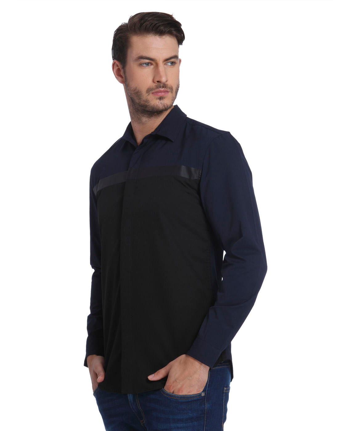 Navy Blue Colour Blocked Slim Fit Shirt