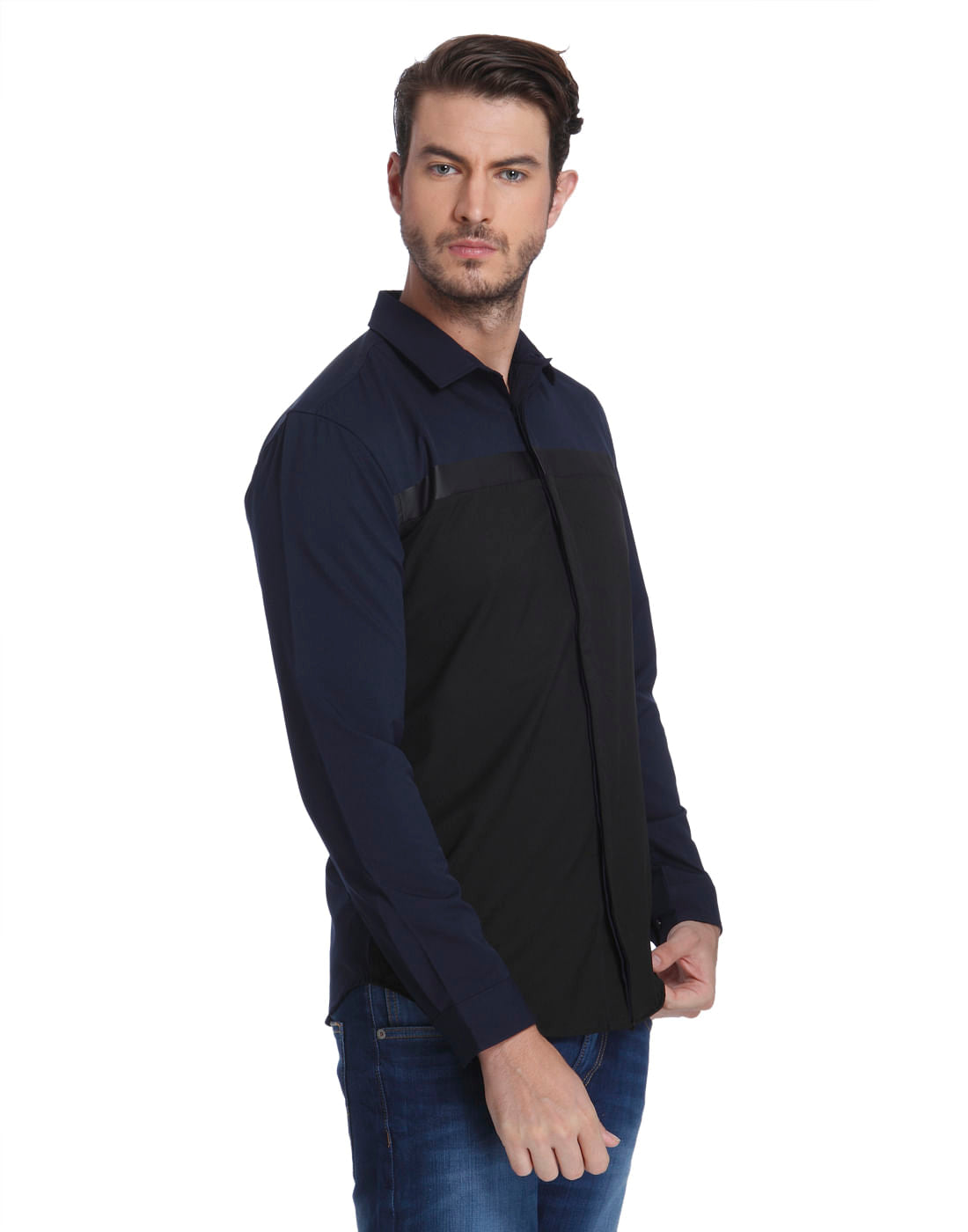 Navy Blue Colour Blocked Slim Fit Shirt