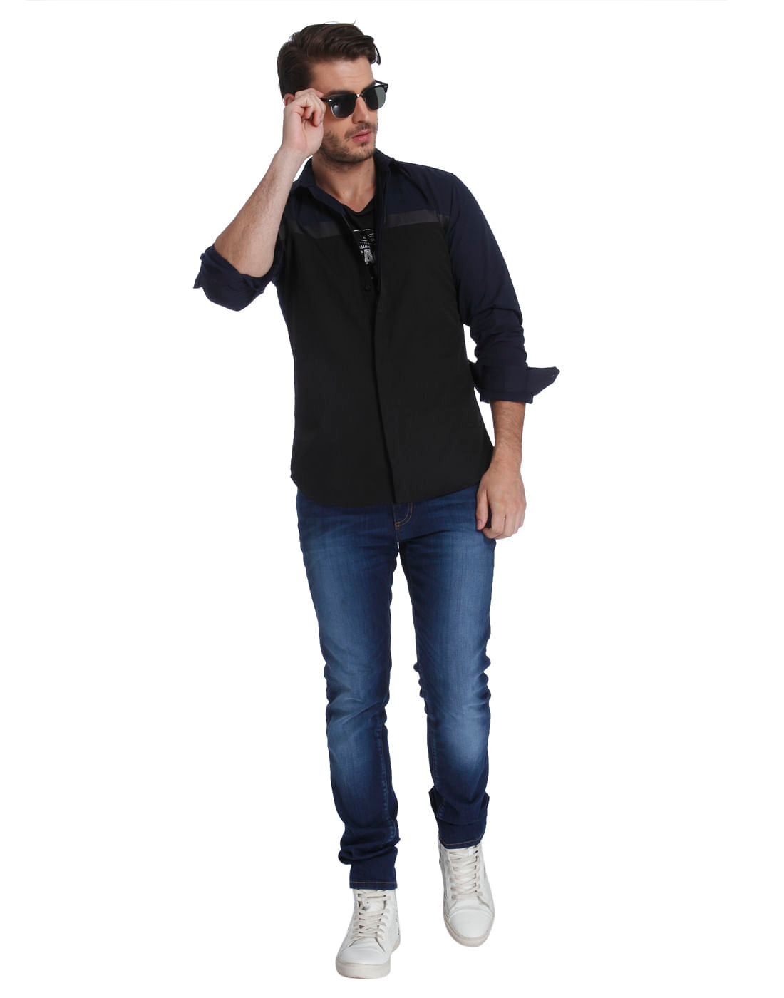 Navy Blue Colour Blocked Slim Fit Shirt