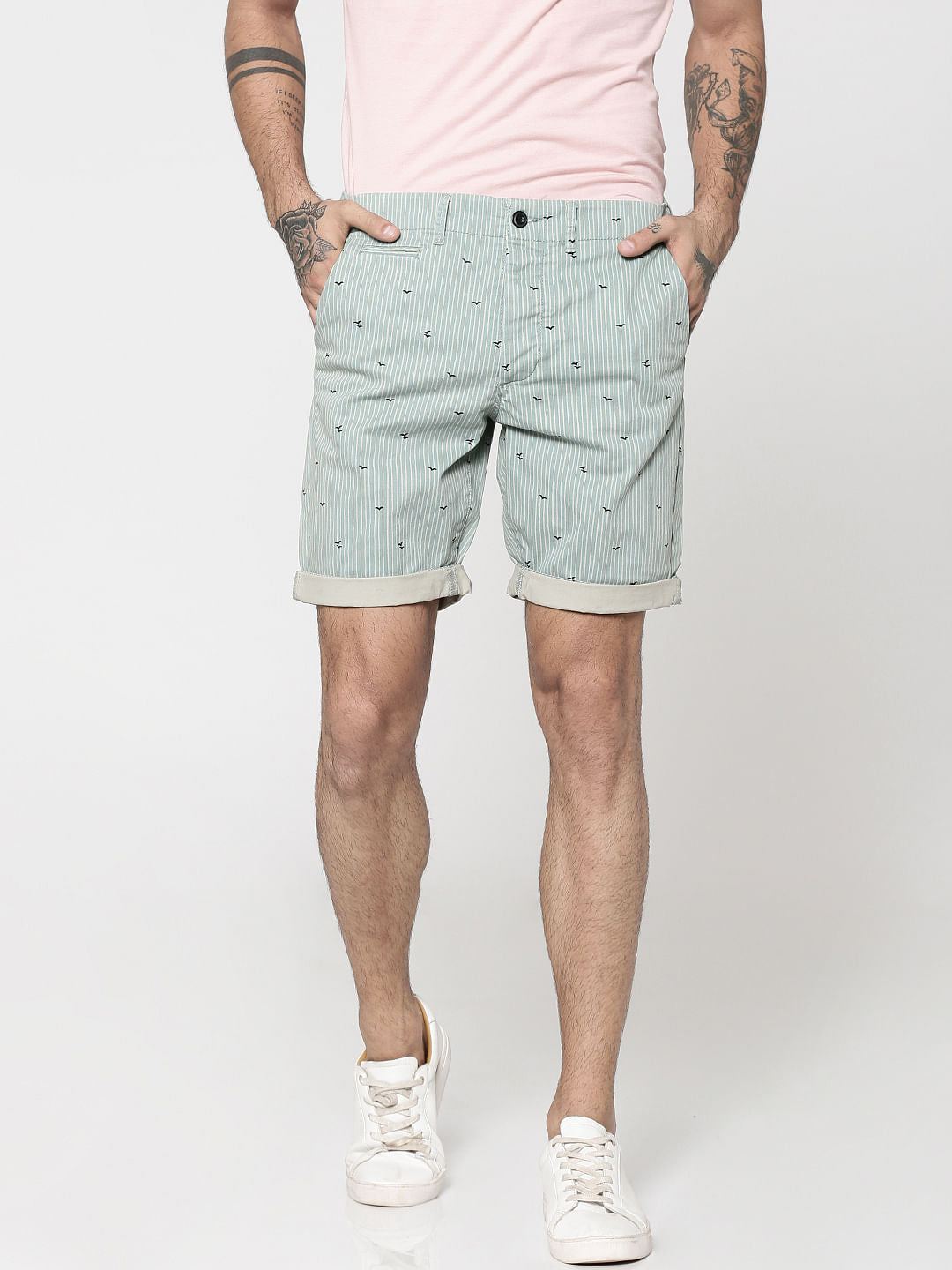 Green Striped Bird Print Chino Slim Shorts - XS