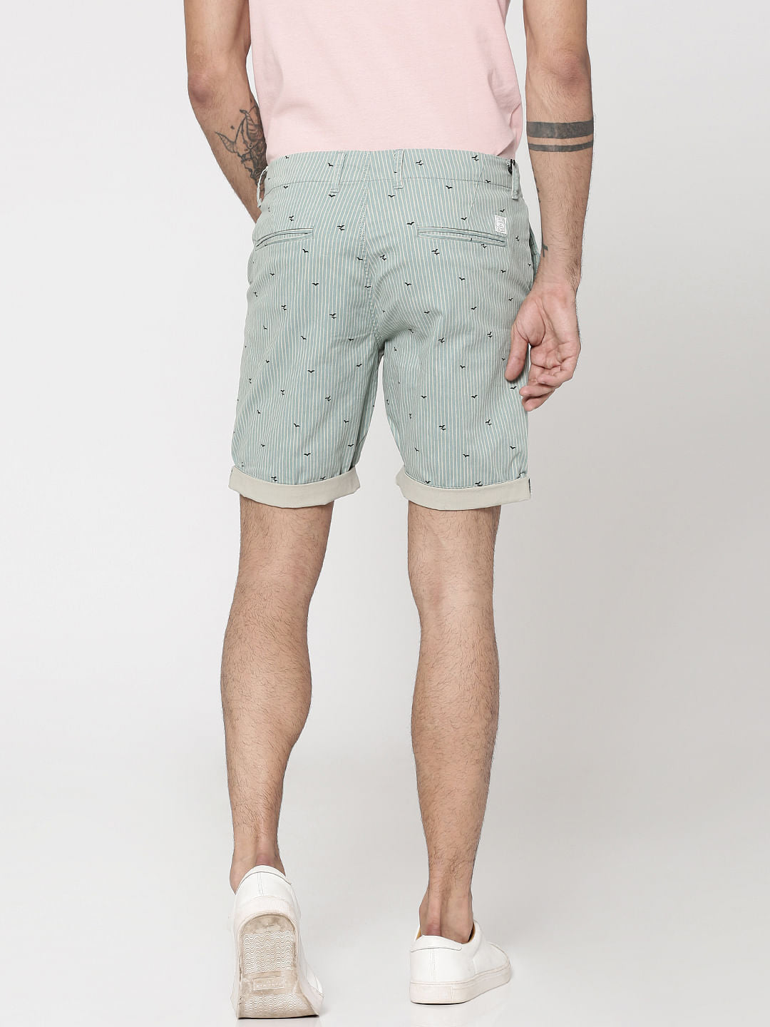 Green Striped Bird Print Chino Slim Shorts