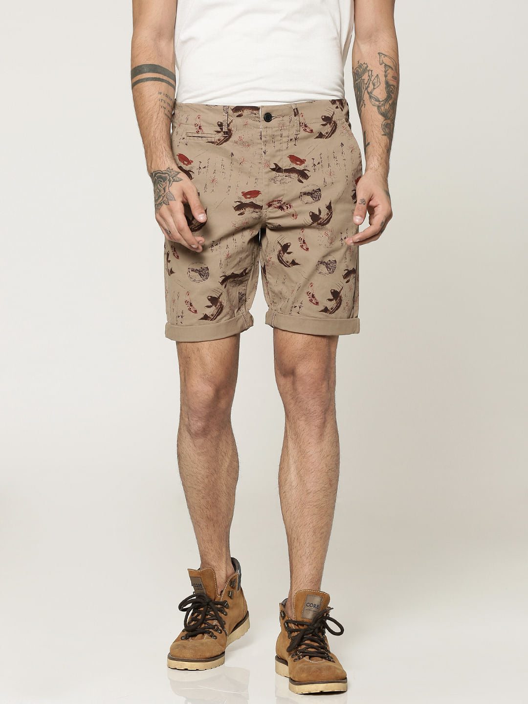 Brown All Over Printed Chino Slim Shorts - XS