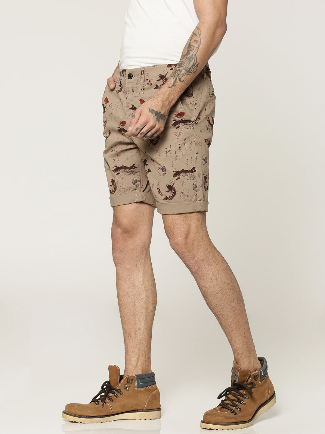 Brown All Over Printed Chino Slim Shorts