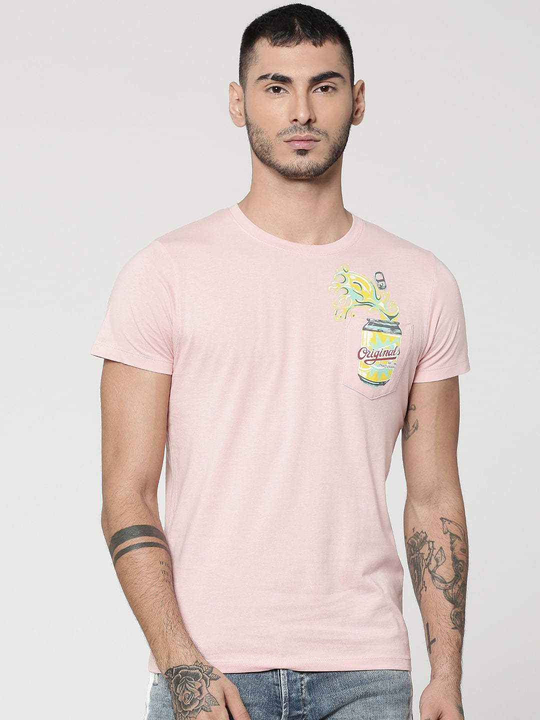 Pink Can Print Patch Pocket Crew Neck T-Shirt - S