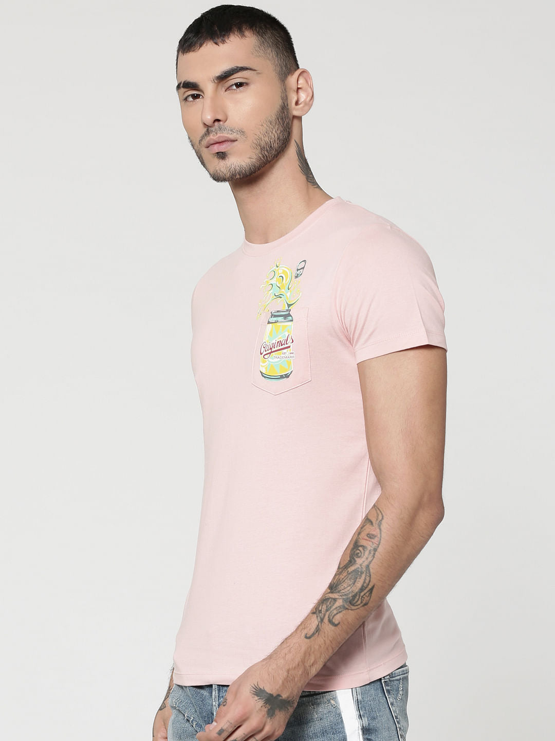 Pink Can Print Patch Pocket Crew Neck T-Shirt