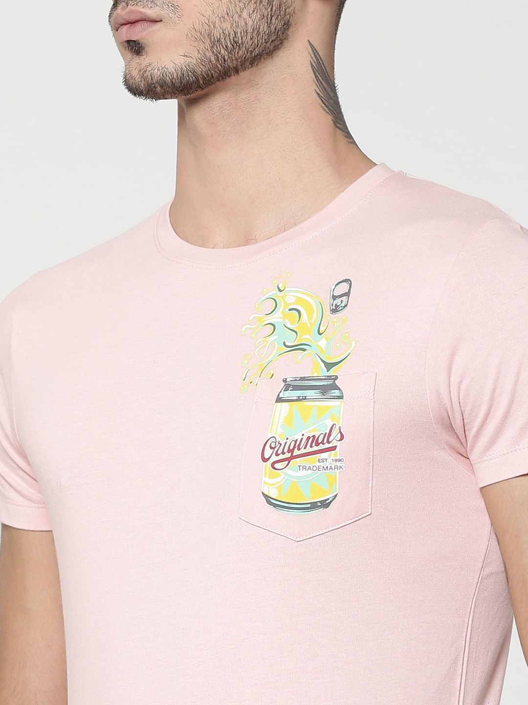 Pink Can Print Patch Pocket Crew Neck T-Shirt