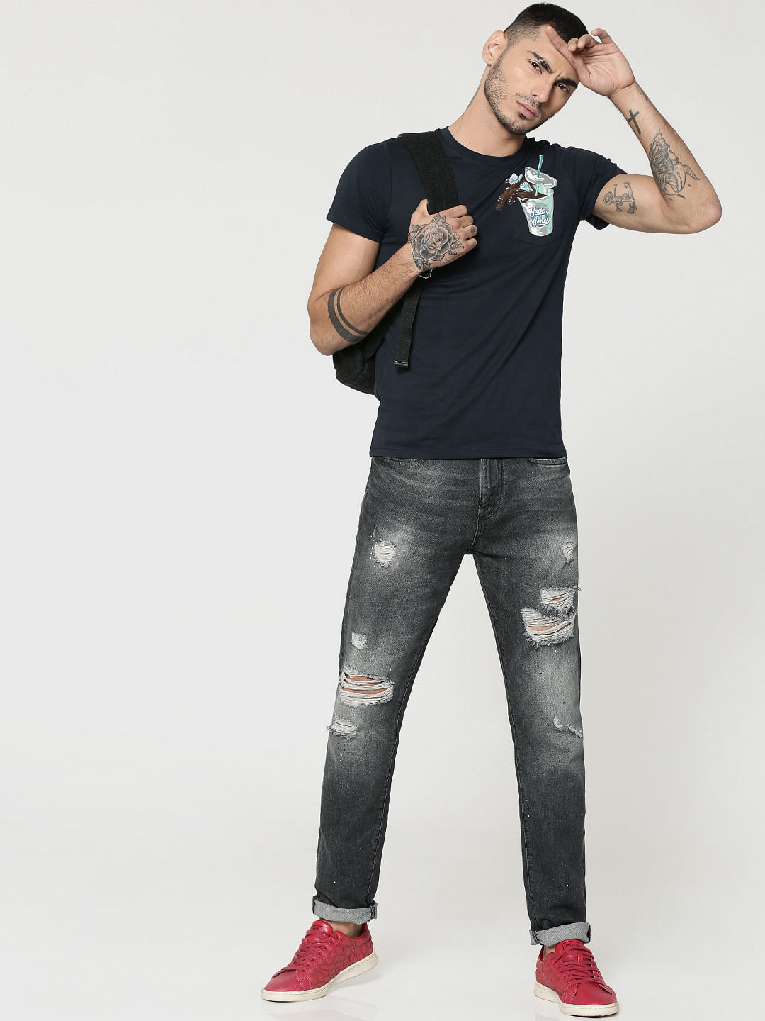 Dark Blue Straw Glass Print Crew Neck T-Shirt