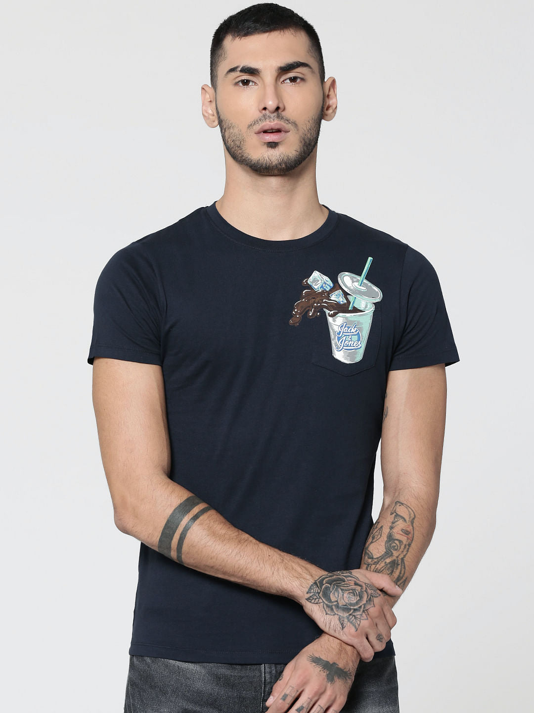 Dark Blue Straw Glass Print Crew Neck T-Shirt - S