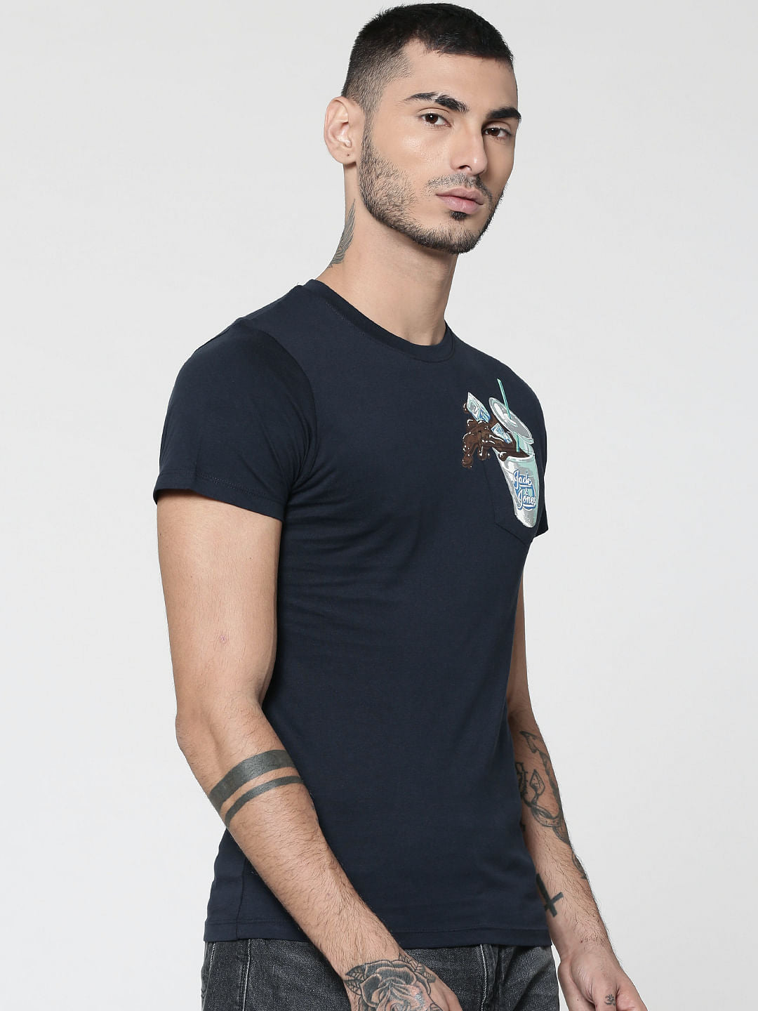 Dark Blue Straw Glass Print Crew Neck T-Shirt