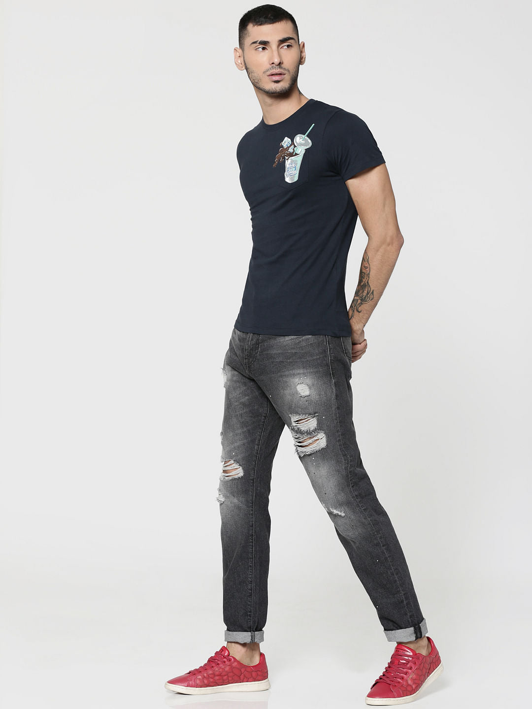 Dark Blue Straw Glass Print Crew Neck T-Shirt