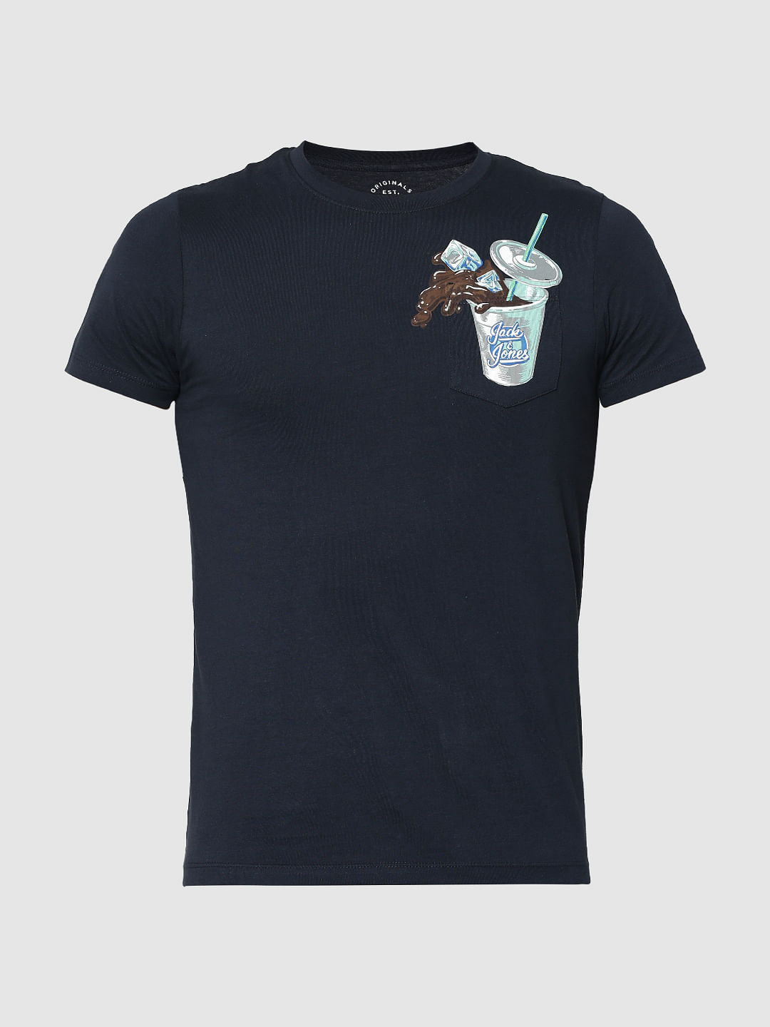 Dark Blue Straw Glass Print Crew Neck T-Shirt