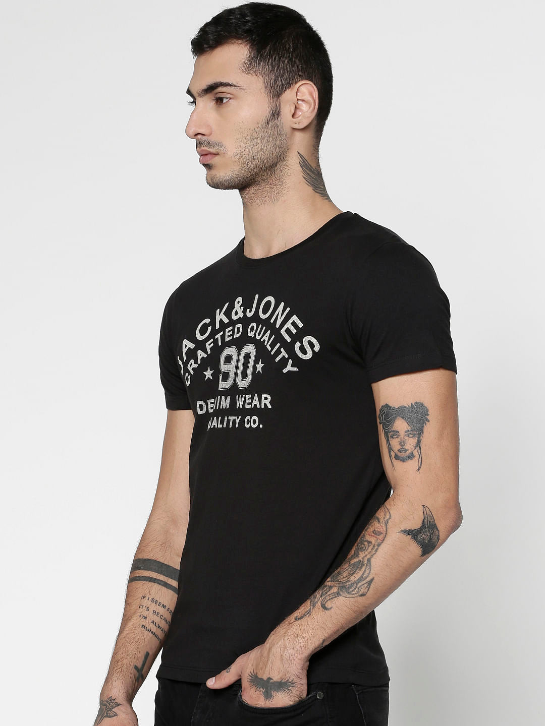 Black Text Print Slim Fit Crew Neck T-Shirt