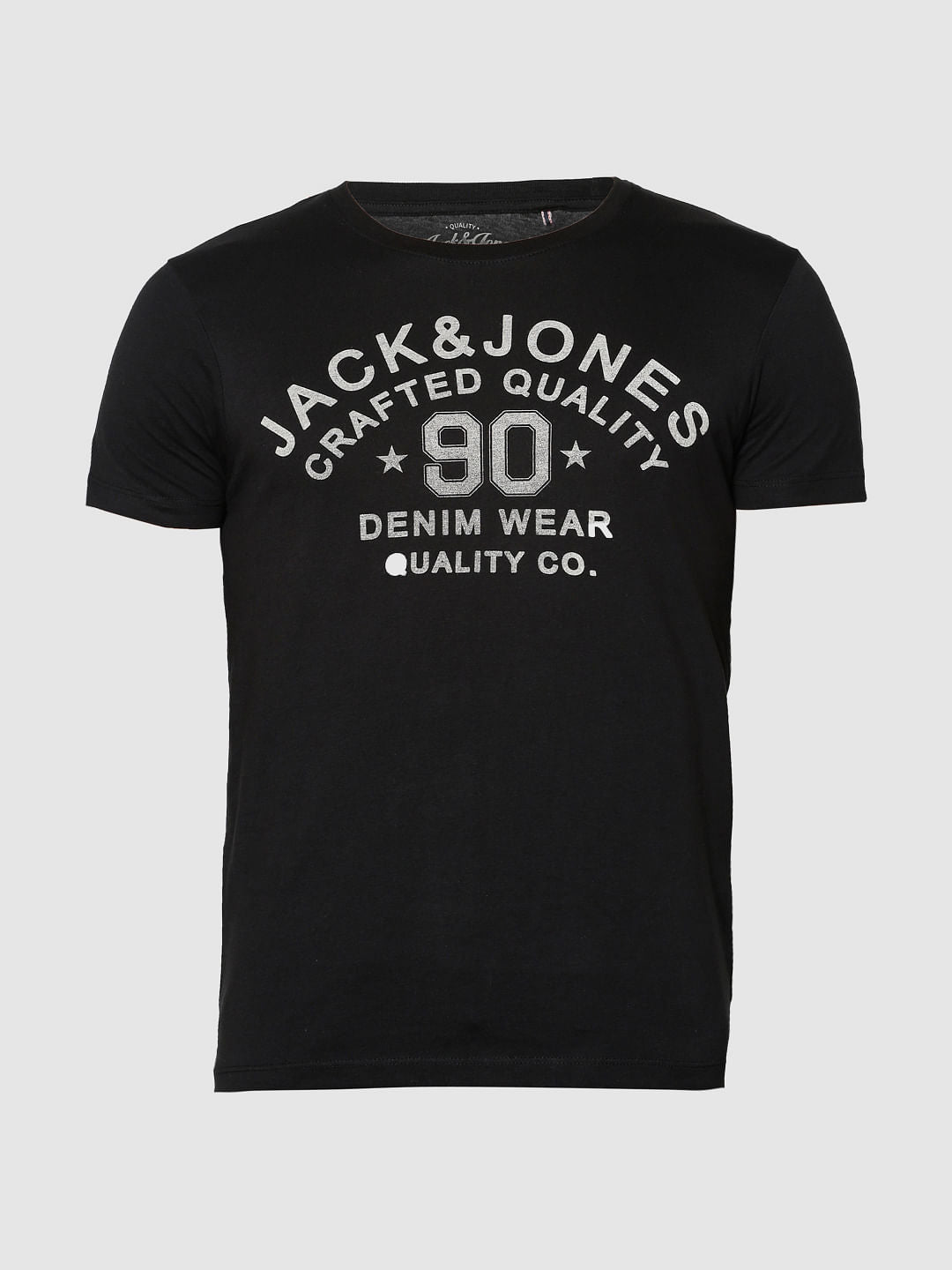 Black Text Print Slim Fit Crew Neck T-Shirt