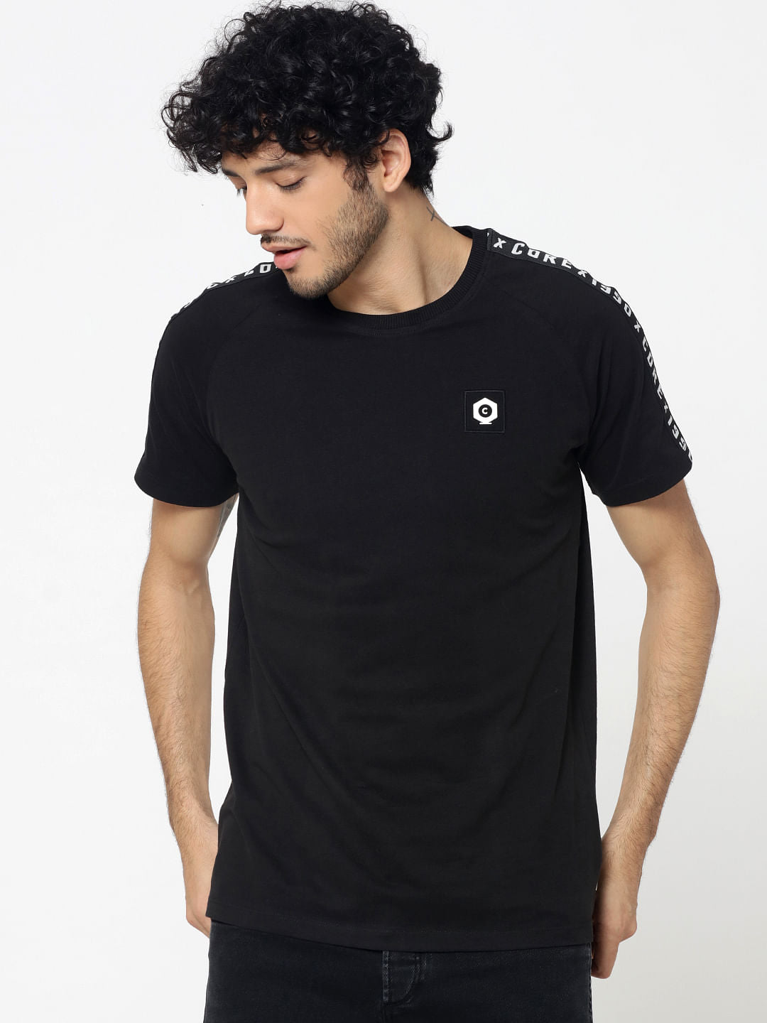 Black Sleeve Tape Detail Crew Neck T-Shirt