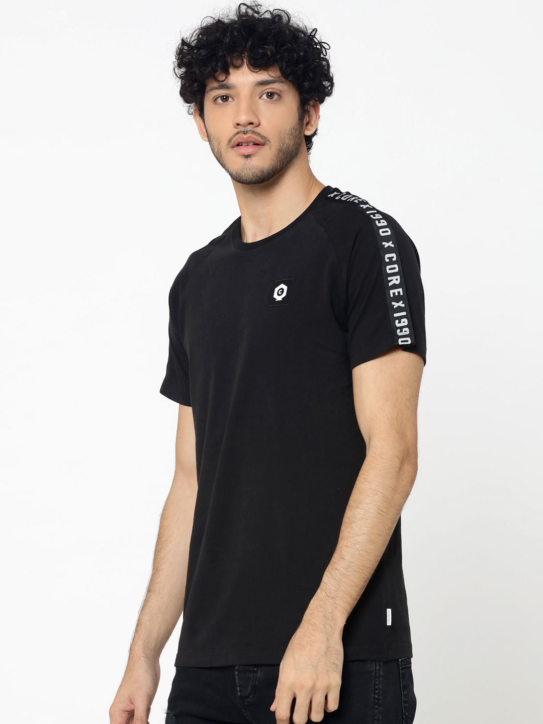 Black Sleeve Tape Detail Crew Neck T-Shirt - S