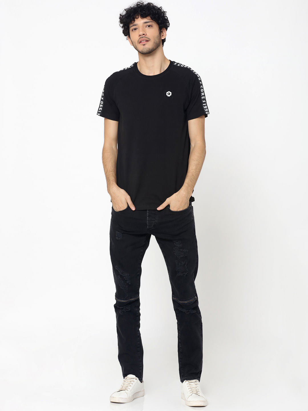 Black Sleeve Tape Detail Crew Neck T-Shirt
