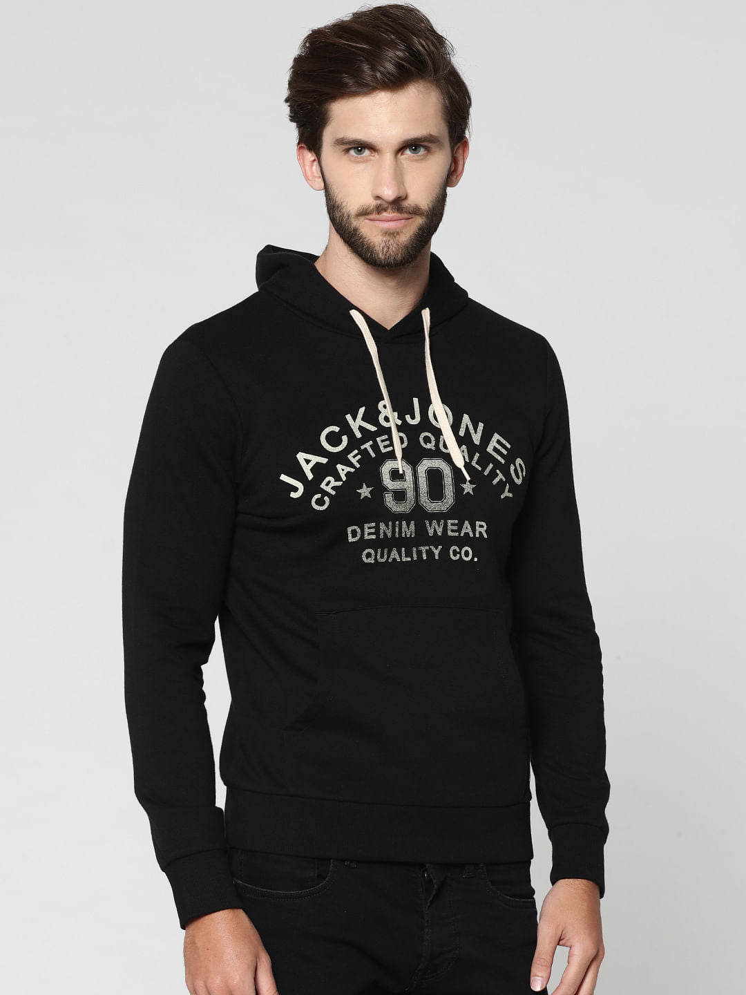 Black Varsity Graphic Print Hooded Sweatshirt - XS