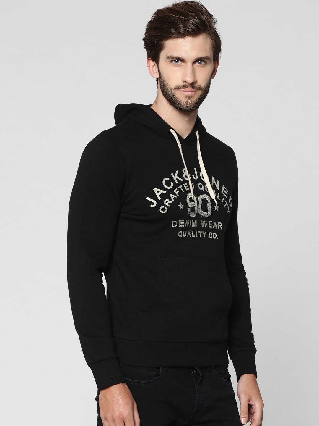 Black Varsity Graphic Print Hooded Sweatshirt