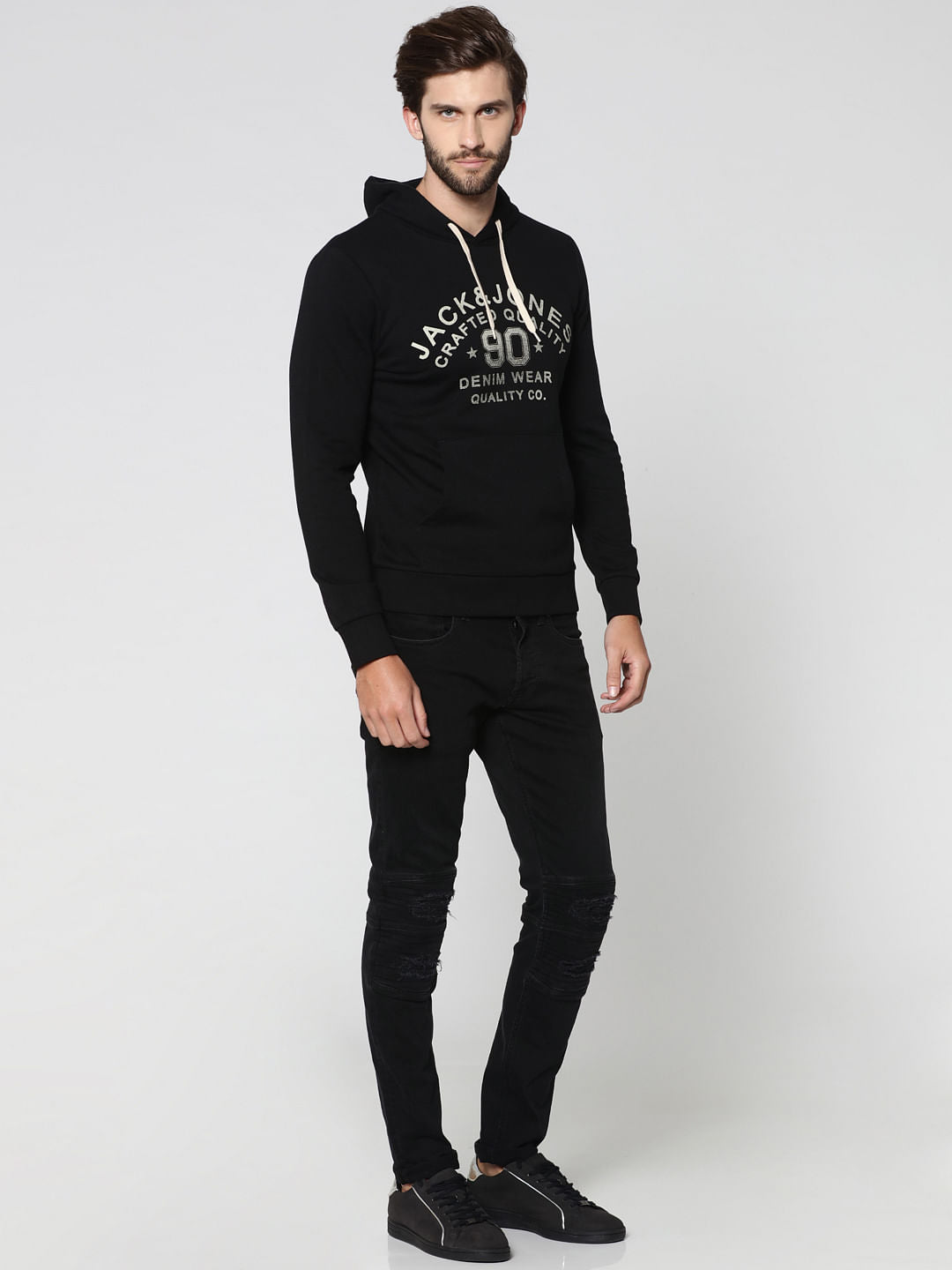 Black Varsity Graphic Print Hooded Sweatshirt