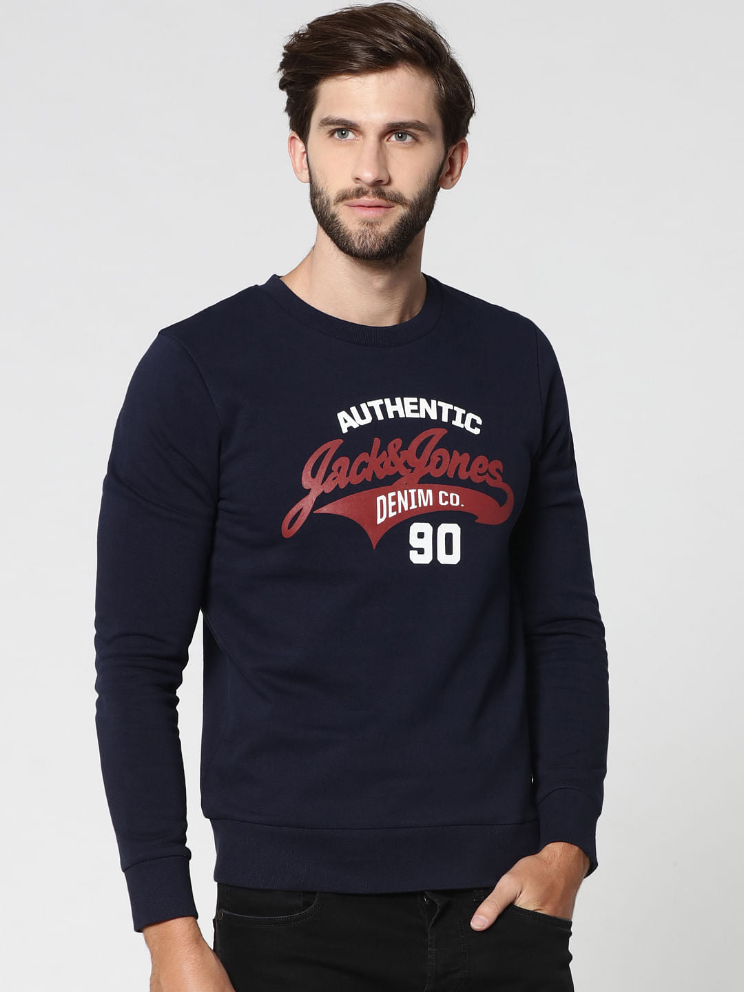Dark Blue Graphic Print Crew Neck Sweatshirt - S