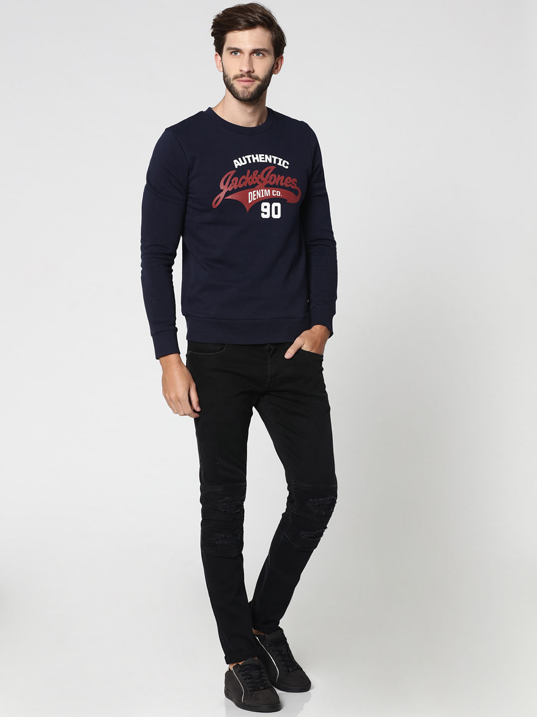 Dark Blue Graphic Print Crew Neck Sweatshirt