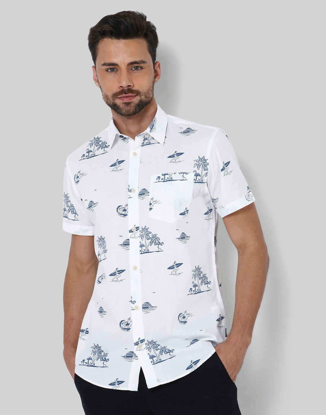 Blue Palm Tree Print Shirt - S