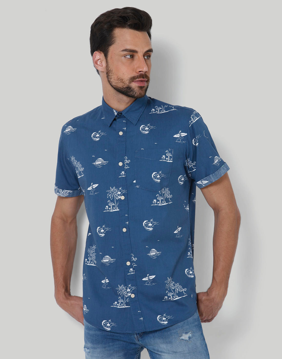 Blue Palm Tree Print Shirt - S